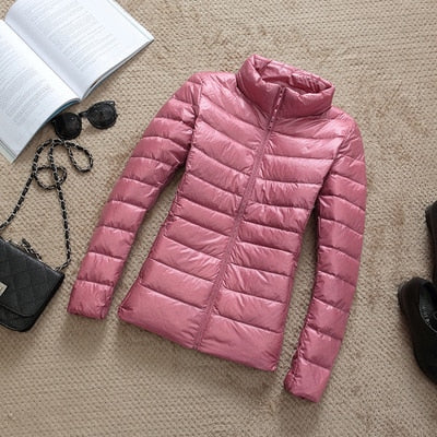 Women Ultra-light Thin Down Jacket 2020 Autumn Winte Warm Duck Down Coat-Pink Stand collar-XXL-Free Shipping at meselling99