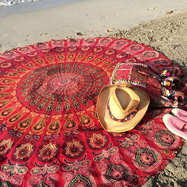 Round Beach Towels Adults Peacock Feather Print Swimming Bath Towel Yoga Mat-Red-Free Shipping at meselling99