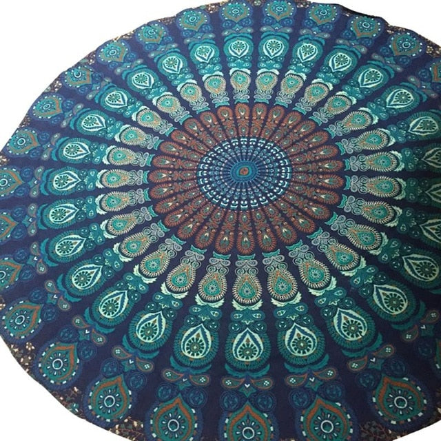 Round Beach Towels Adults Peacock Feather Print Swimming Bath Towel Yoga Mat-Blue-Free Shipping at meselling99