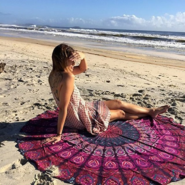 Round Beach Towels Adults Peacock Feather Print Swimming Bath Towel Yoga Mat-Purple-Free Shipping at meselling99