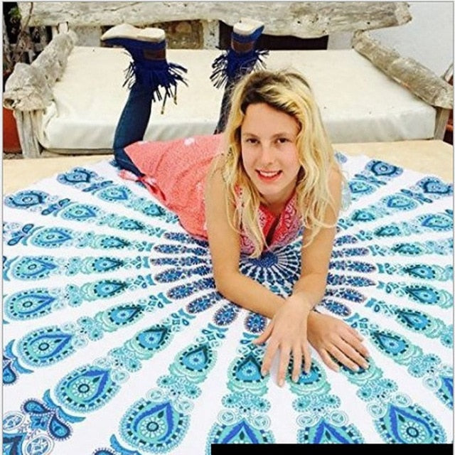 Round Beach Towels Adults Peacock Feather Print Swimming Bath Towel Yoga Mat-White-Free Shipping at meselling99
