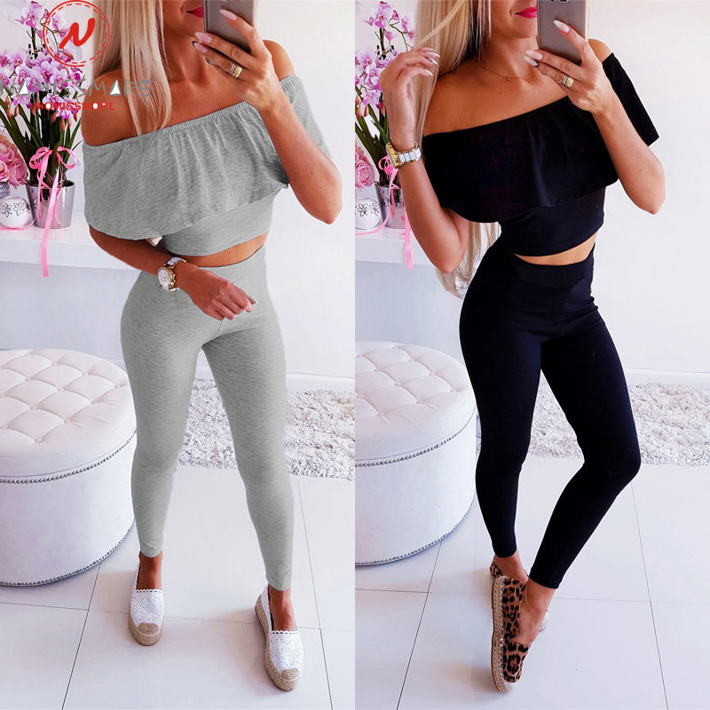 2 Piece Outfits for Women Sexy Off Shoulder Short Sleeve Suits-Activewear-Free Shipping at meselling99