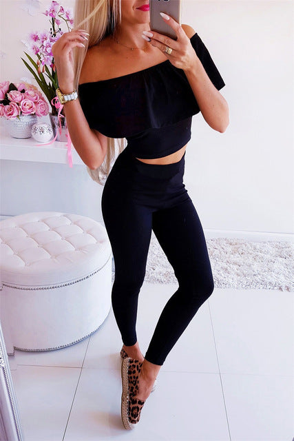 2 Piece Outfits for Women Sexy Off Shoulder Short Sleeve Suits-Activewear-Black-L-Free Shipping at meselling99