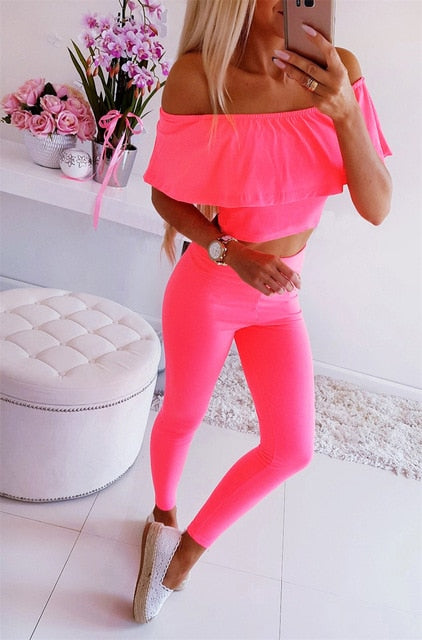 2 Piece Outfits for Women Sexy Off Shoulder Short Sleeve Suits-Activewear-Pink-L-Free Shipping at meselling99