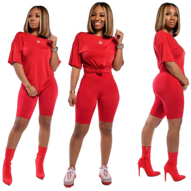 Women Sets Summer Tracksuits Short Sleeve Top Shorts Suit-Red-L-Free Shipping at meselling99
