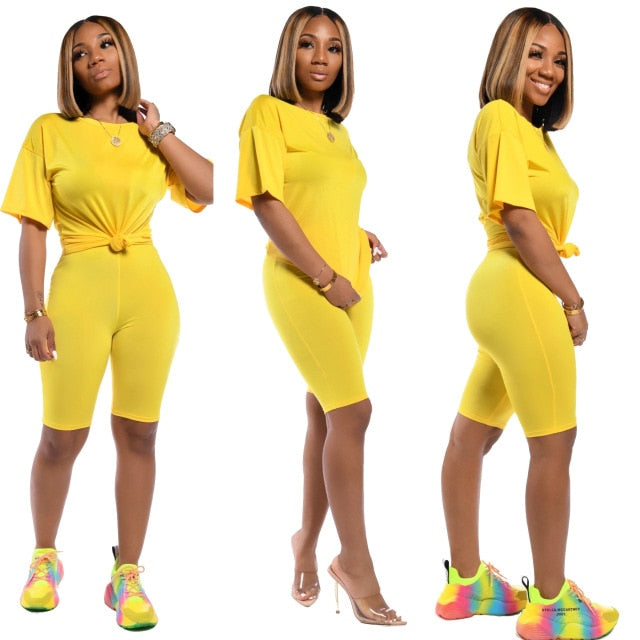 Women Sets Summer Tracksuits Short Sleeve Top Shorts Suit-Yellow-L-Free Shipping at meselling99