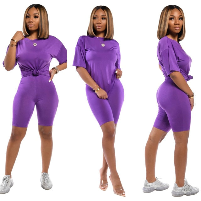 Women Sets Summer Tracksuits Short Sleeve Top Shorts Suit-Purple-XXXL-Free Shipping at meselling99