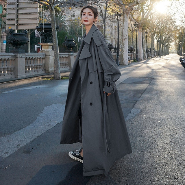 Meselling99 Style Loose Oversized X-Long Women's Trench Coat with Belt-Grey-M-Free Shipping at meselling99