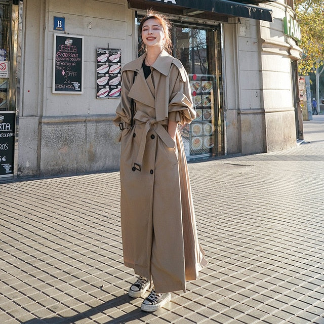Meselling99 Style Loose Oversized X-Long Women's Trench Coat with Belt-Khaki-L-Free Shipping at meselling99
