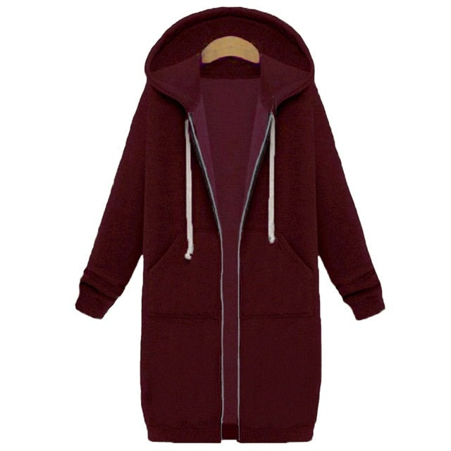 Women Autumn Winter Oversize Hoodies Long Sleeve Zipper Fashion Outerwear-Wine Red-4XL-Free Shipping at meselling99