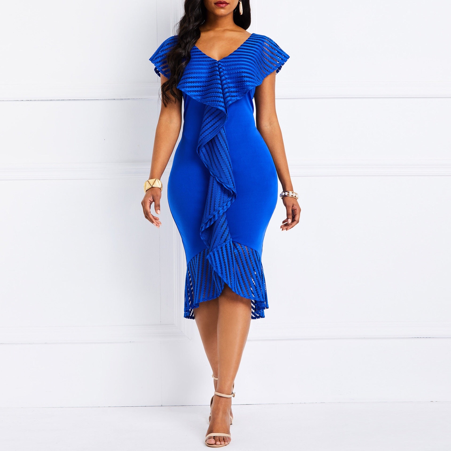 Meselling99 Sexy Solid Dresses XXL Bodycon Deep V neck Ruffles Short Sleeve Midi Dresses-Sexy Dresses-Free Shipping at meselling99