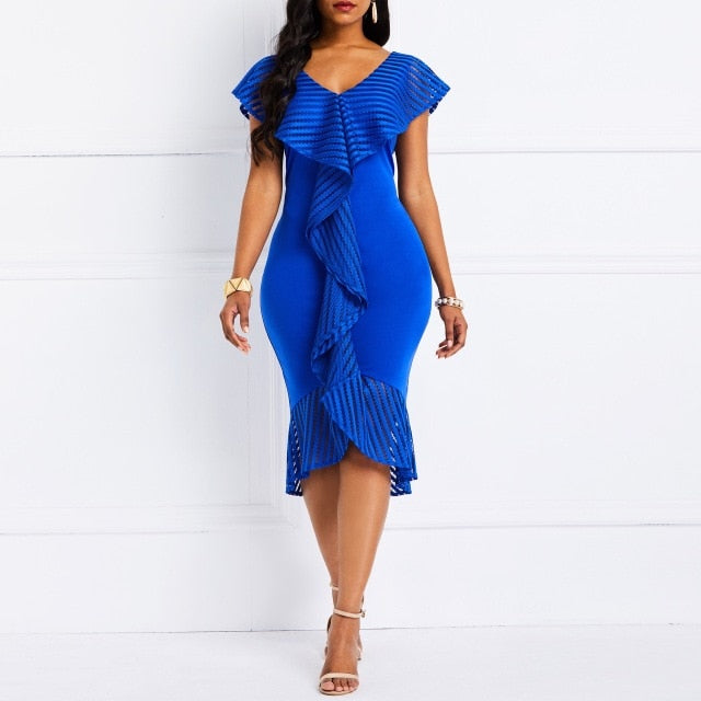Meselling99 Sexy Solid Dresses XXL Bodycon Deep V neck Ruffles Short Sleeve Midi Dresses-Sexy Dresses-Blue-M-Free Shipping at meselling99