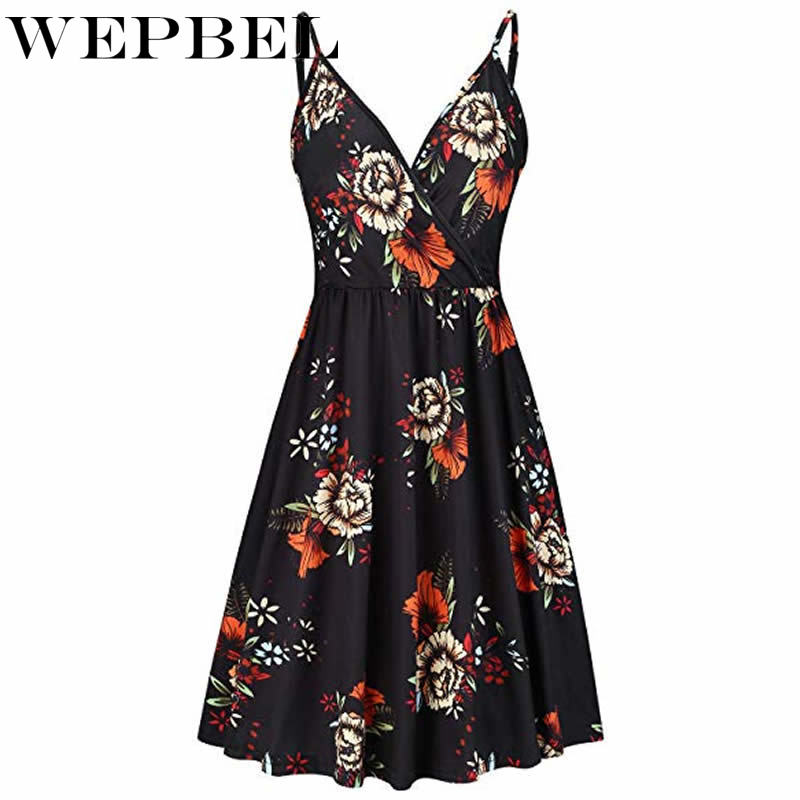 WEPBEL Women's Dress Floral Swing Dress with Pocket Spaghetti Strap Summer Casual V Neck Dress--Free Shipping at meselling99