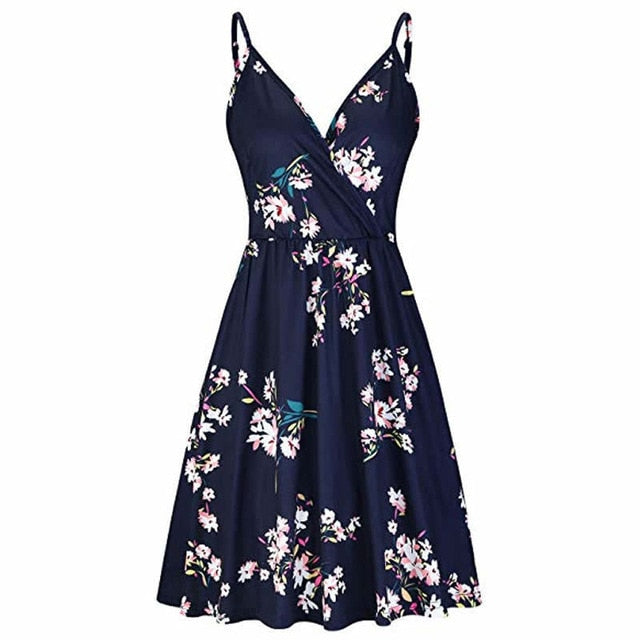 WEPBEL Women's Dress Floral Swing Dress with Pocket Spaghetti Strap Summer Casual V Neck Dress-2-XXL-Free Shipping at meselling99