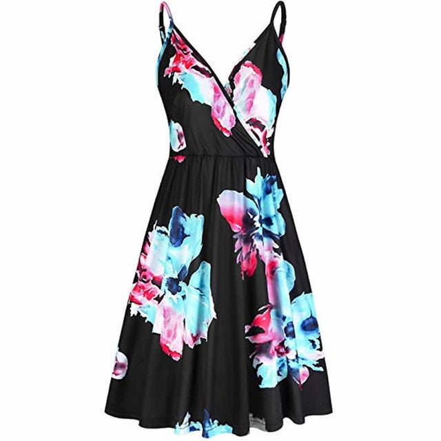 WEPBEL Women's Dress Floral Swing Dress with Pocket Spaghetti Strap Summer Casual V Neck Dress-3-L-Free Shipping at meselling99