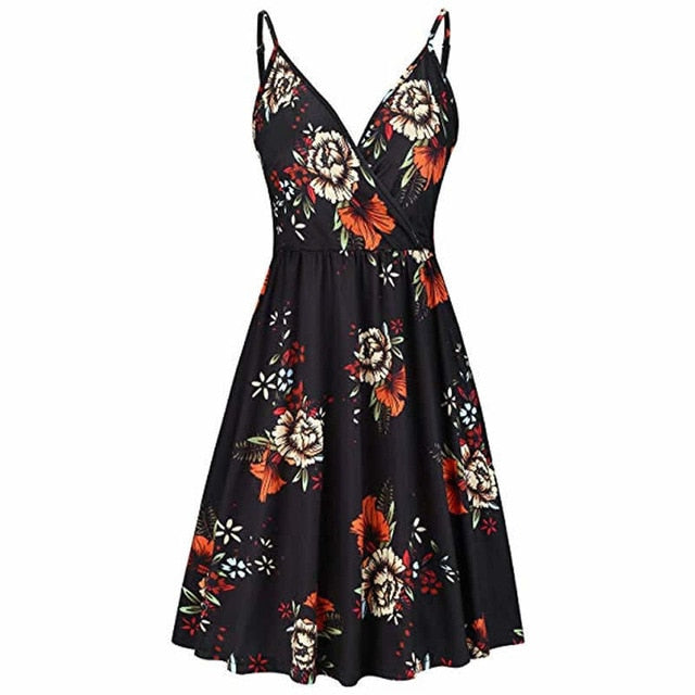 WEPBEL Women's Dress Floral Swing Dress with Pocket Spaghetti Strap Summer Casual V Neck Dress-4-XXL-Free Shipping at meselling99