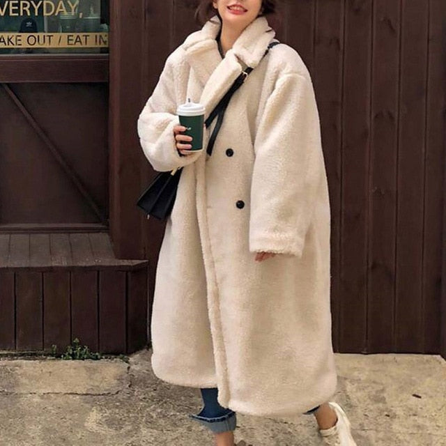 Meselling99 Winter 2020 Women Solid Lamb Fur Coat Long Sleeve Casual Fleece Jacket Turn Down Collar Long Teddy Coat Outerwear--Free Shipping at meselling99