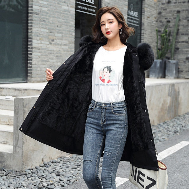Meselling99 Women Mid-length Big Fur collar Down Cotton Winter Plus size Outerwear Warm-Black-M-Free Shipping at meselling99
