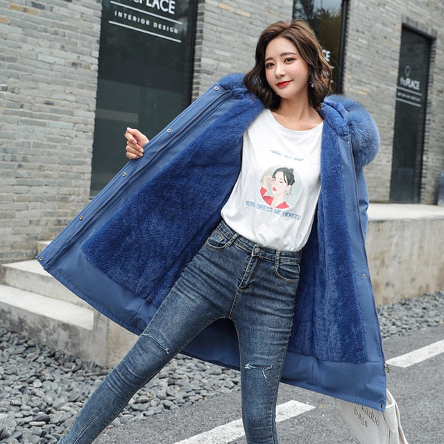 Meselling99 Women Mid-length Big Fur collar Down Cotton Winter Plus size Outerwear Warm-Blue-M-Free Shipping at meselling99