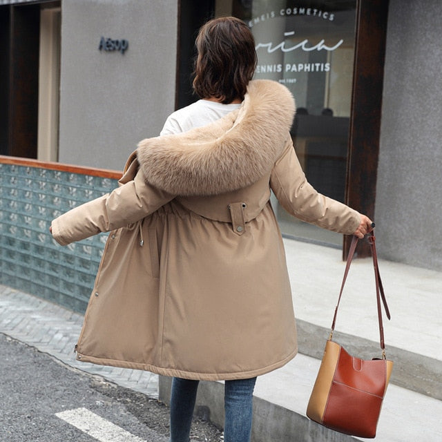 Meselling99 Women Mid-length Big Fur collar Down Cotton Winter Plus size Outerwear Warm-Khaki-M-Free Shipping at meselling99