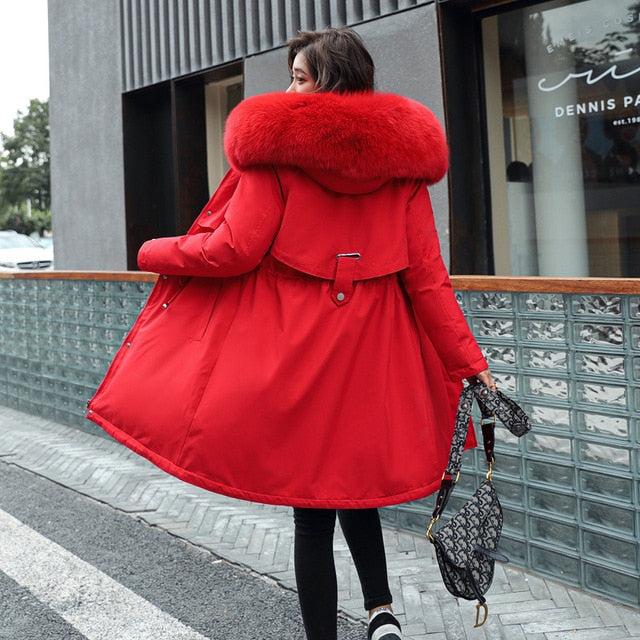 Meselling99 Women Mid-length Big Fur collar Down Cotton Winter Plus size Outerwear Warm-Red-XXXL-Free Shipping at meselling99
