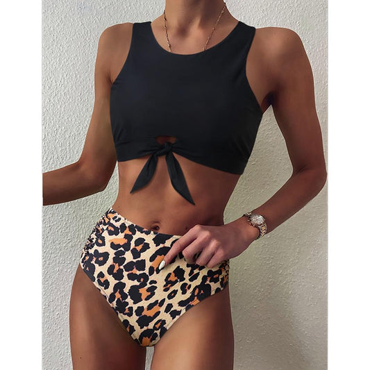 High Waist Bikini Leopard Swimsuit Floral Swimsuit Print High Neck Swimwear--Free Shipping at meselling99