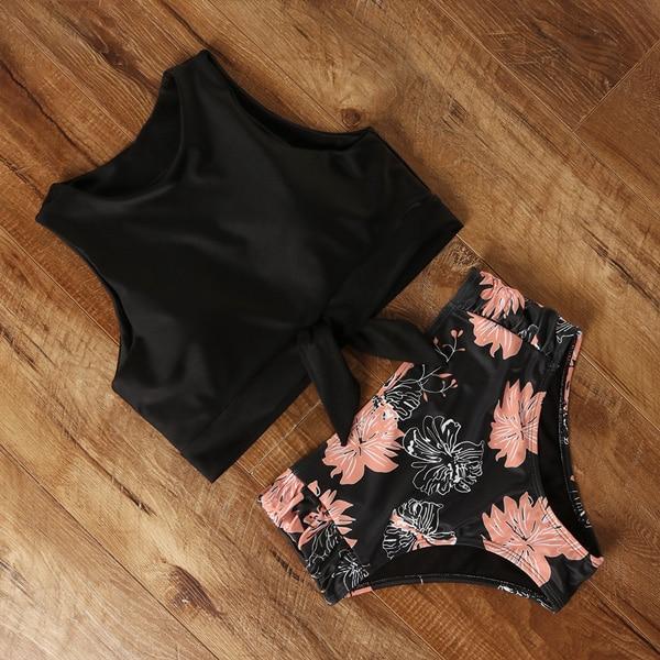 High Waist Bikini Leopard Swimsuit Floral Swimsuit Print High Neck Swimwear--Free Shipping at meselling99