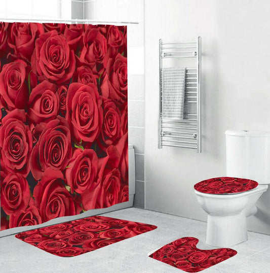 Rose Shower Curtain Set Bathroom Rug Thick Bath Mat Non-Slip Toilet Lid Cover--Free Shipping at meselling99