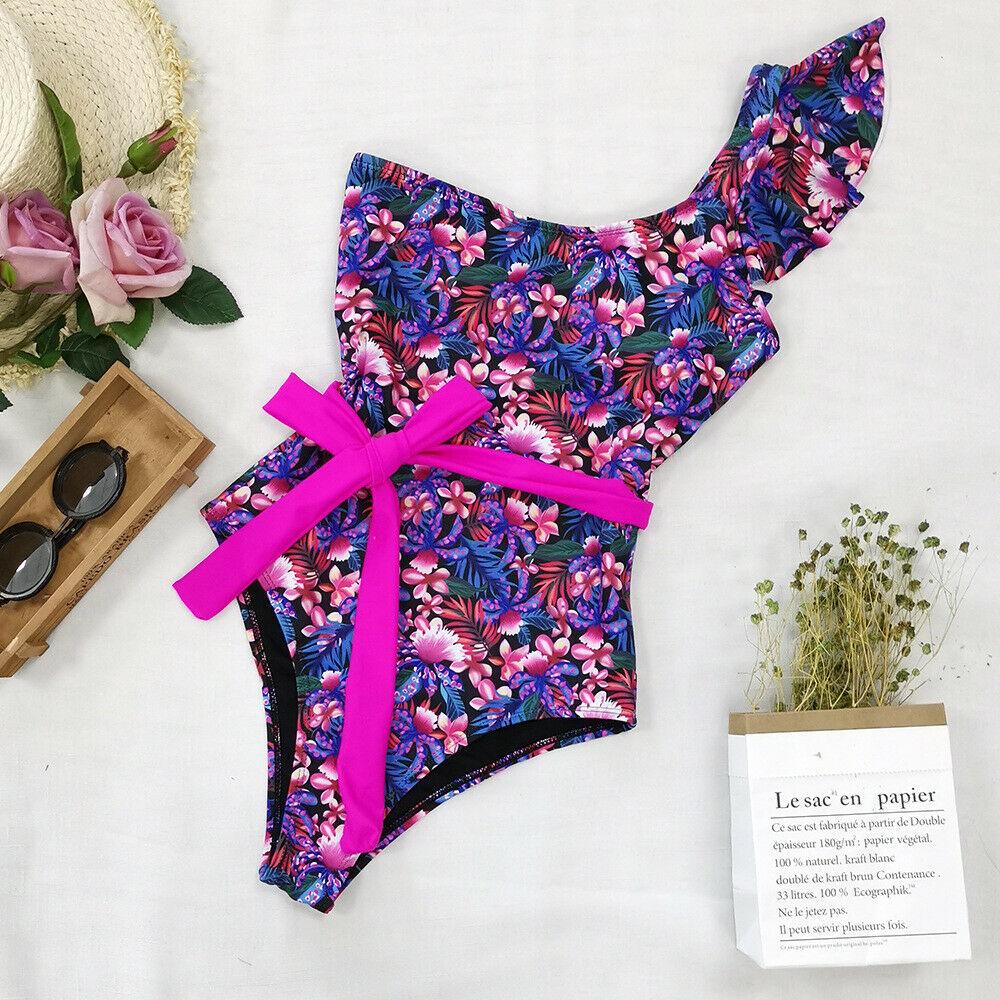 Womens Ruffle One Shoulder Swimwear Monokini Bikini Flower Bathing Suit-Flower#1-S-Free Shipping at meselling99