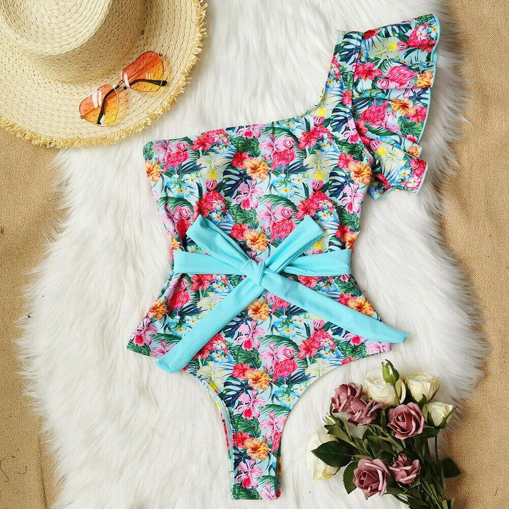 Womens Ruffle One Shoulder Swimwear Monokini Bikini Flower Bathing Suit-Flower #2-S-Free Shipping at meselling99