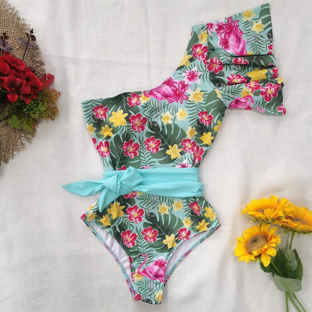Womens Ruffle One Shoulder Swimwear Monokini Bikini Flower Bathing Suit-Flower #3-S-Free Shipping at meselling99