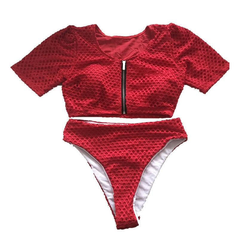 Womens Short Sleeves Plus Size Bathing Suit Bikini Set Swimwear Swimsuit Zipper--Free Shipping at meselling99