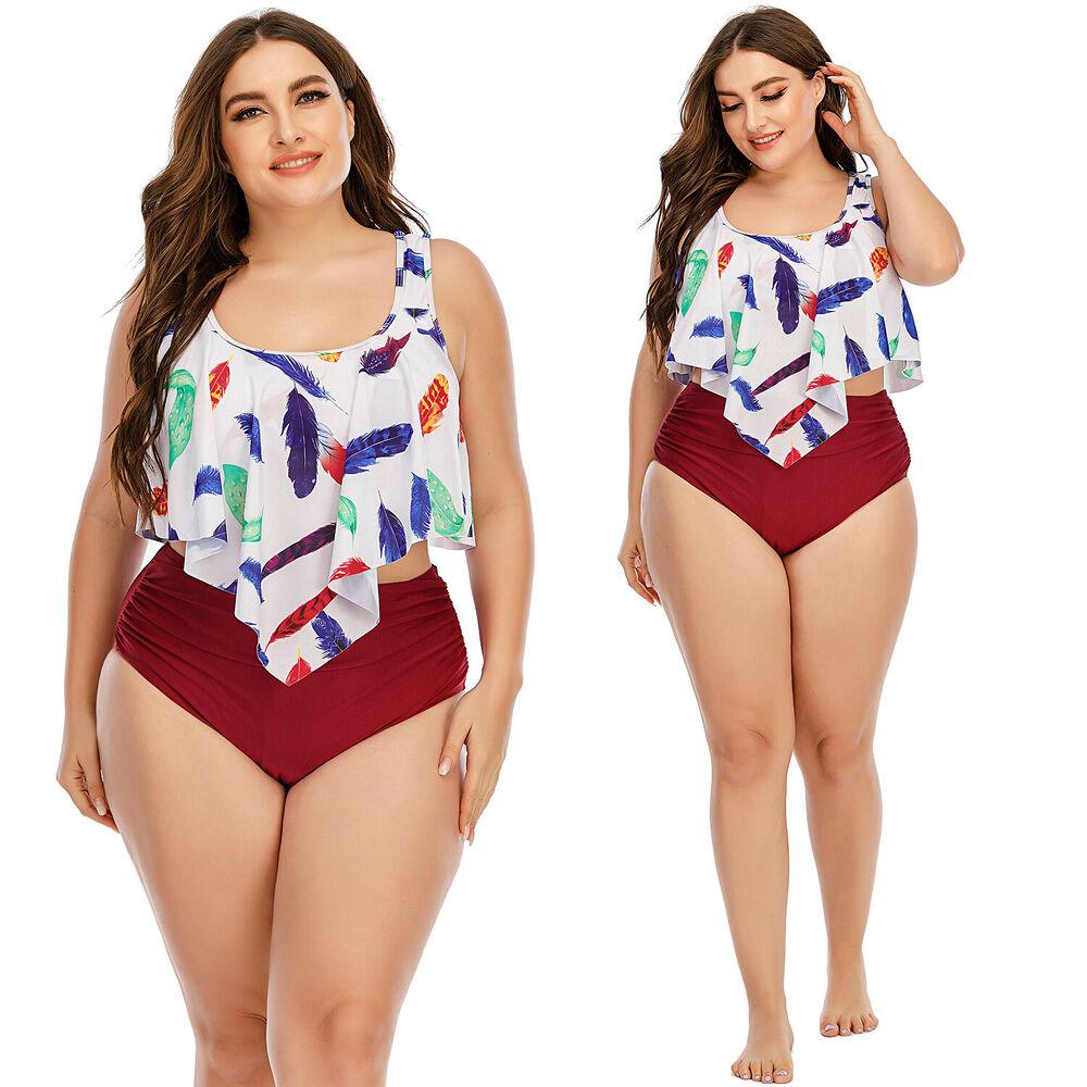 Womens Swimwear Plus Size Bathing Suit Ruffle Tankini High Waisted Bikini Set--Free Shipping at meselling99