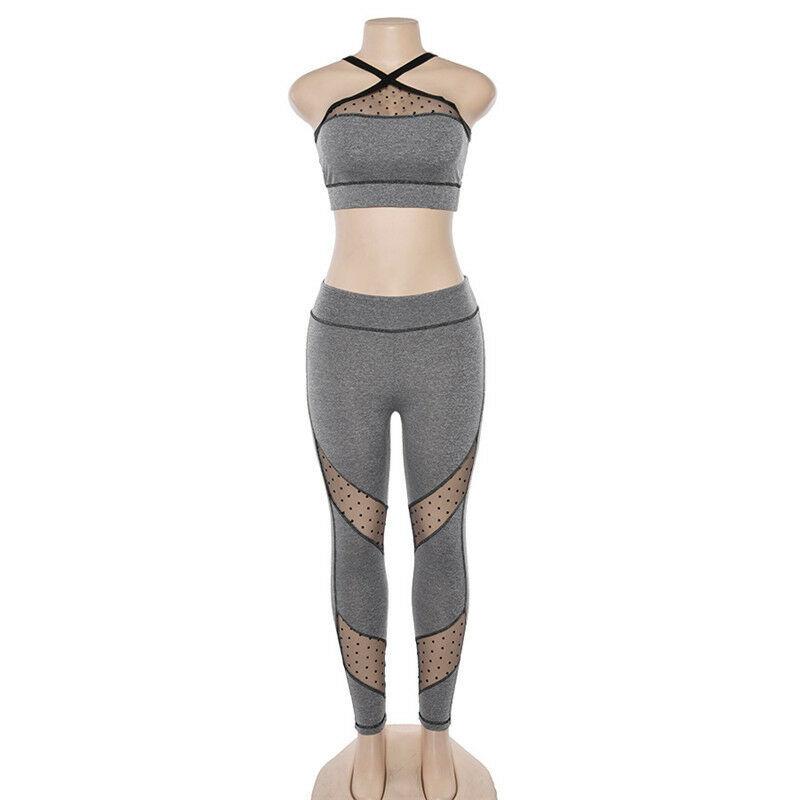 Set Grey Black Net Leggings Trousers Pants Tank Top Bra Fitness Running Gym Yoga--Free Shipping at meselling99