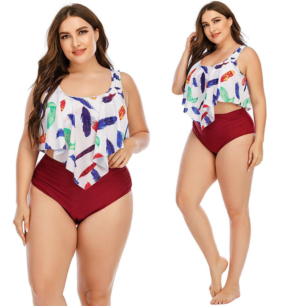 Womens Swimwear Plus Size Bathing Suit Ruffle Tankini High Waisted Bikini Set--Free Shipping at meselling99