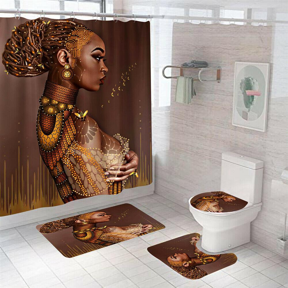 African Woman Shower Curtain Bathroom Rug Set Bath Mat Non-Slip Toilet Lid Cover-Shower Curtain+3Pcs Mat-Free Shipping at meselling99