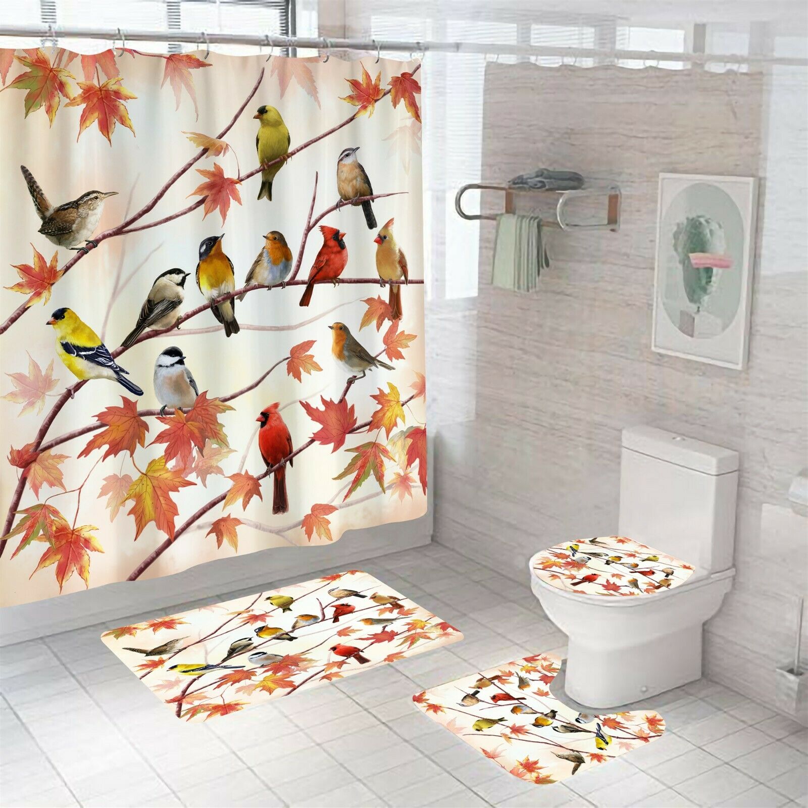 Birds Shower Curtain Bathroom Rug Set Thick Bath Mat Non-Slip Toilet Lid Cover-Shower Curtain+3Pcs Mat-Free Shipping at meselling99