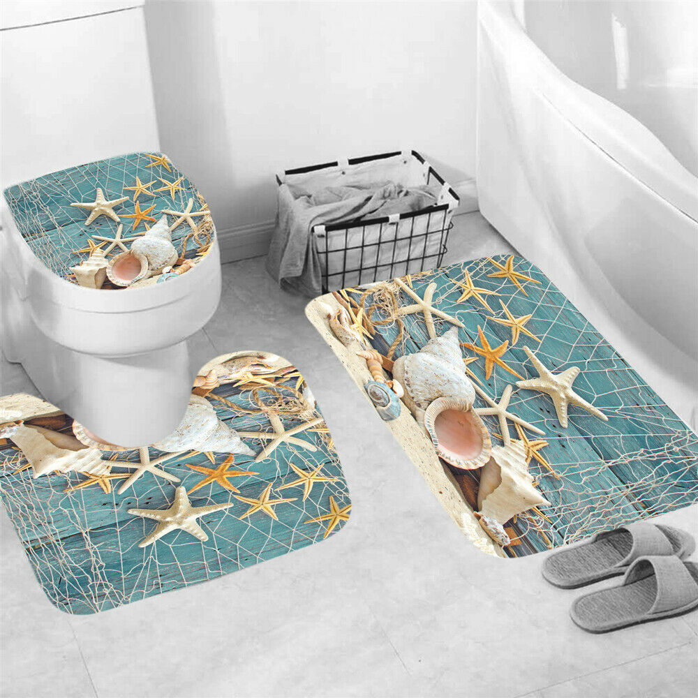 Conch Starfish Shower Curtain Set Thick Bathroom Rugs Bath Mat Toilet Lid Cover-3Pcs Mat Set Only-Free Shipping at meselling99