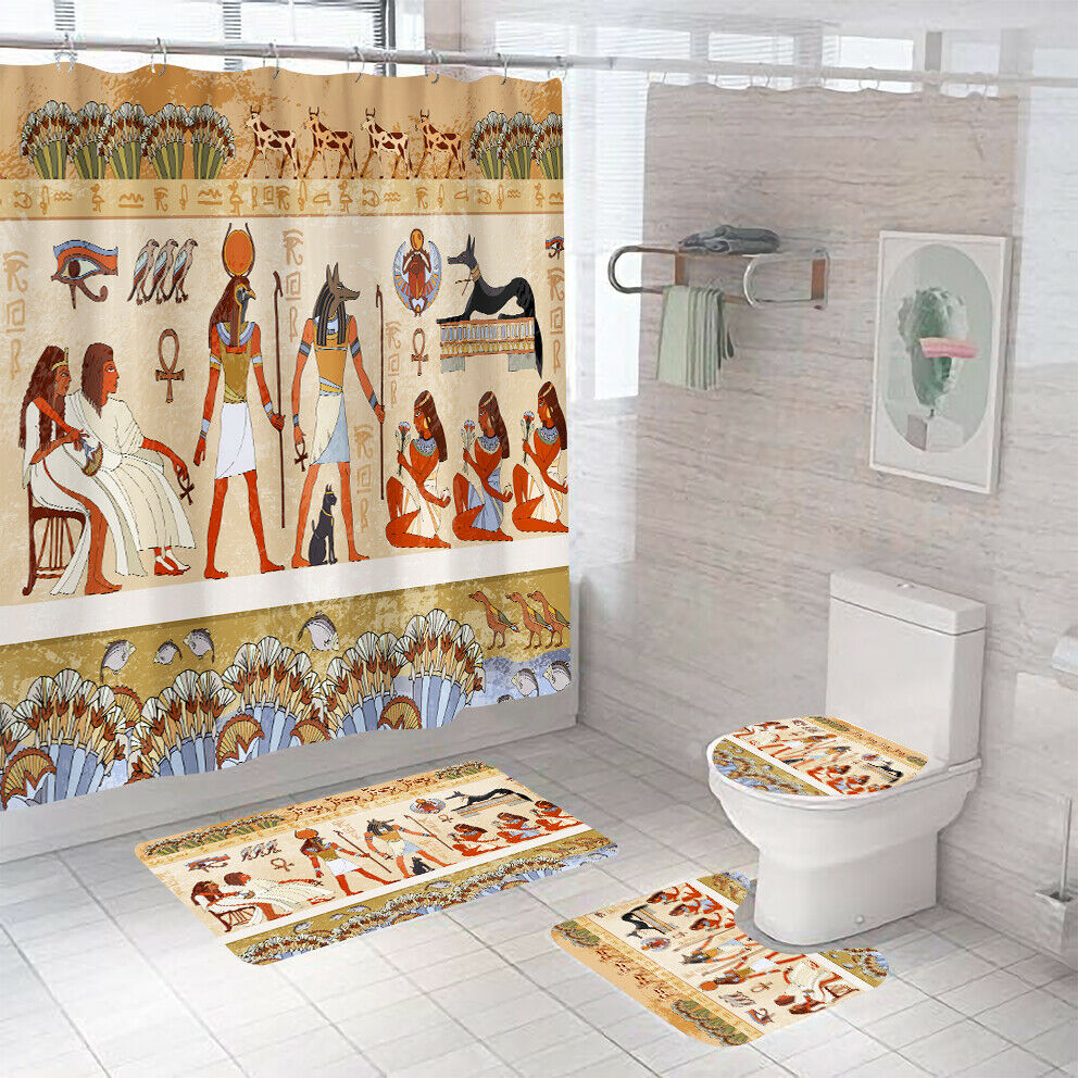 Egyptian Shower Curtain Bathroom Rug Set Thick Bath Mat Toilet Lid Cover-Shower Curtain+3Pcs Mat-Free Shipping at meselling99