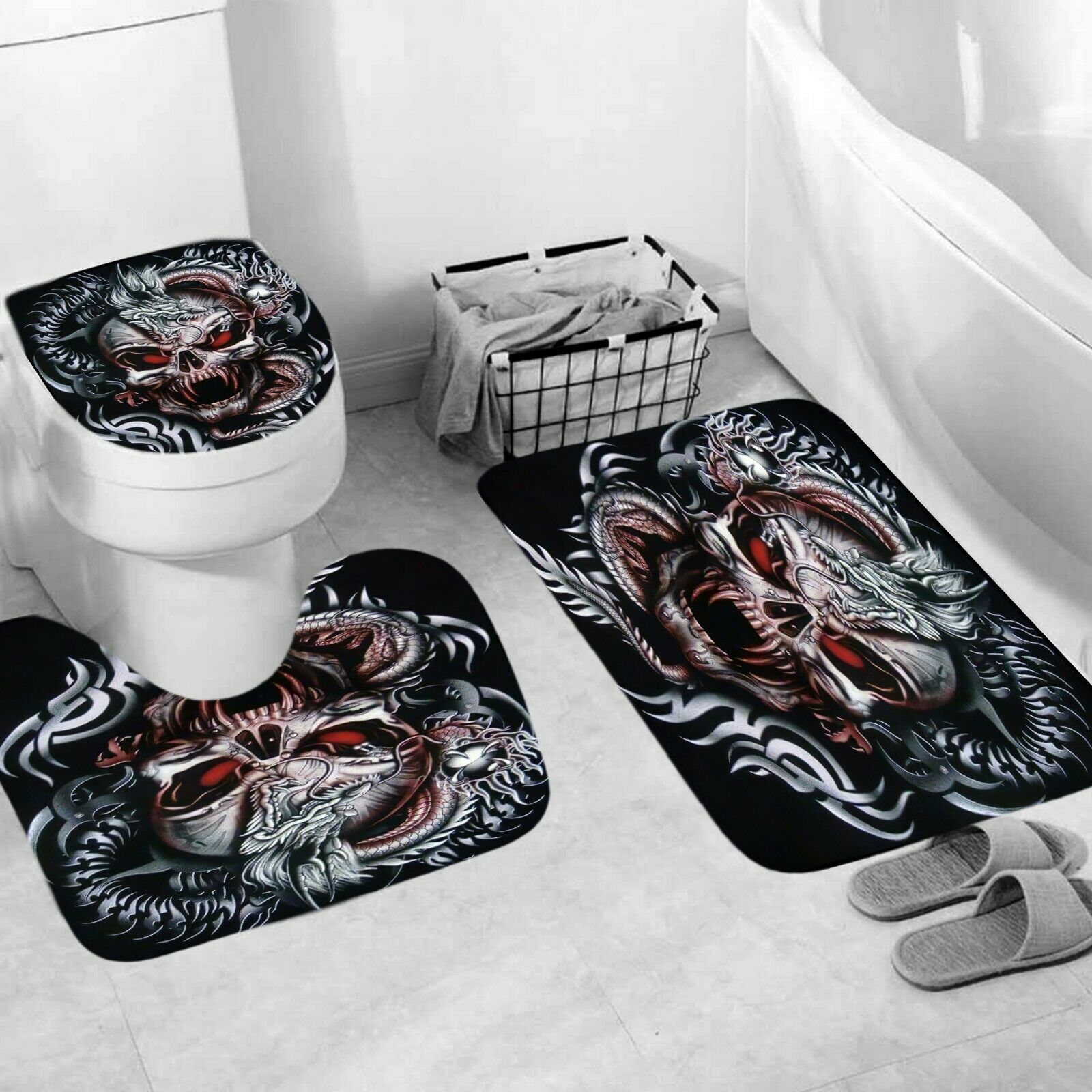 Skull Shower Curtain Set Bathroom Rug Thick Bath Mat Non-Slip Toilet Lid Cover-3Pcs Mat Set Only-Free Shipping at meselling99