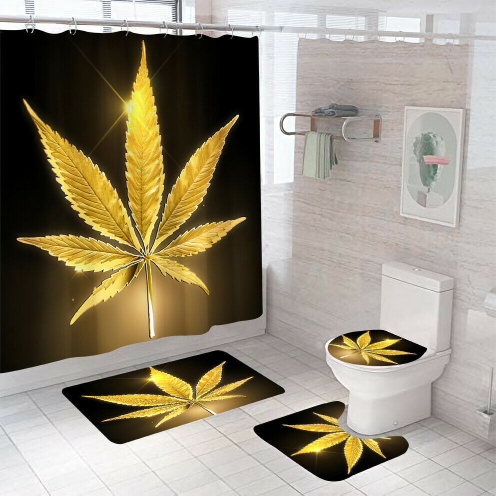 Leaf Shower Curtain Bathroom Rug Set Thick Bath Mat Non-Slip Toilet Lid Cover-Shower Curtain+3Pcs Mat-Free Shipping at meselling99