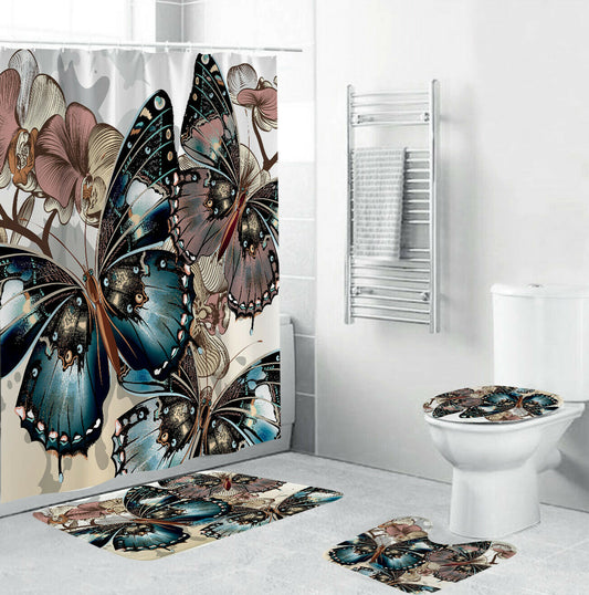 Butterflys Shower Curtain Bathroom Rug Set Bath Mat Non-Slip Toilet Lid Cover--Free Shipping at meselling99
