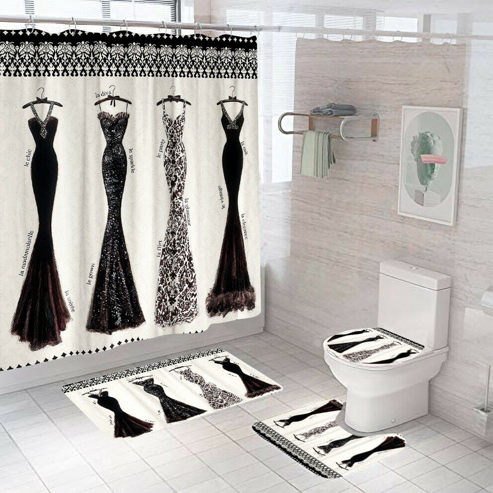Dress Shower Curtain Bathroom Rug Set Thick Bath Mat Non-Slip Toilet Lid Cover-Shower Curtain+3Pcs Mat-Free Shipping at meselling99