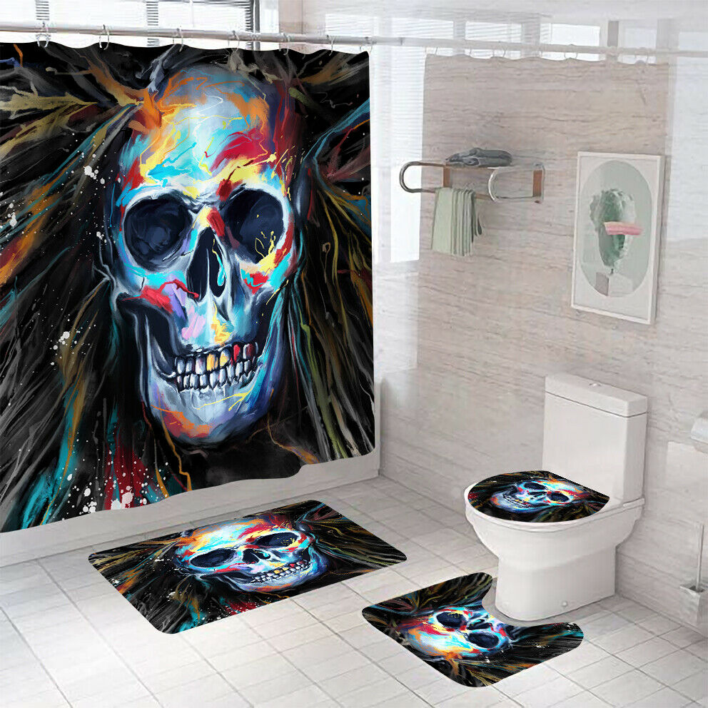 Skull Shower Curtain Bathroom Rug Set Thick Bath Mat Non-Slip Toilet Lid Cover-Shower Curtain+3Pcs Mat-Free Shipping at meselling99