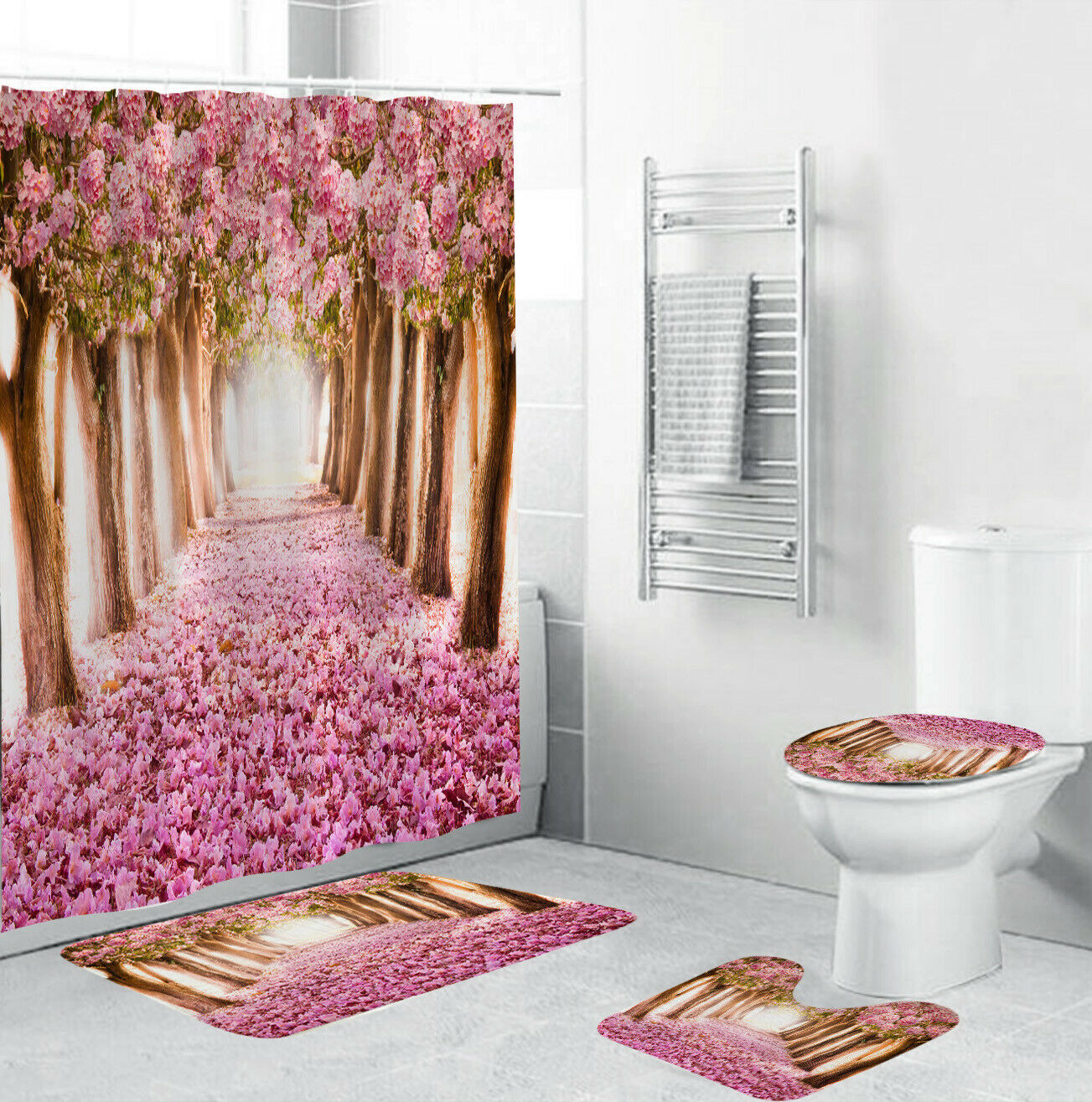 Red Floral Shower Curtain Bathroom Rugs Thick Bath Mat Non-Slip Toilet Lid Cover-4Pcs(180*180cm Curtain+3Pcs Mat)-Free Shipping at meselling99