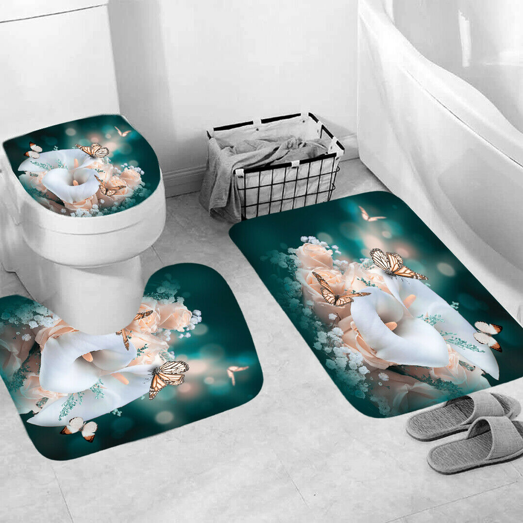 Butterflies and Flower Shower Curtain Bathroom Rug Set Bath Mat Toilet Lid Cover-3Pcs Mat Set Only-Free Shipping at meselling99