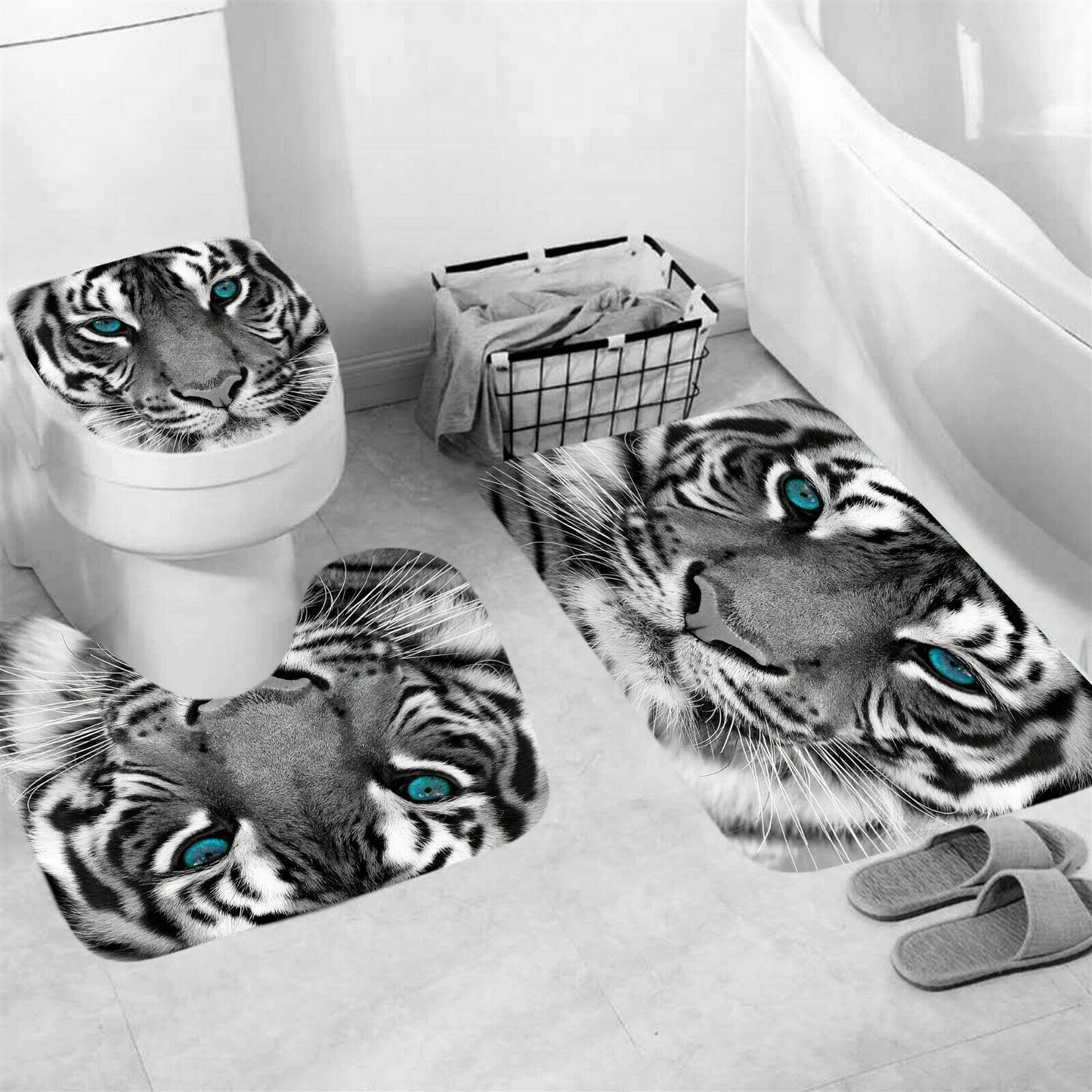 Tiger Shower Curtain Set Thick Bathroom Rugs Bath Mat Non-Slip Toilet Lid Cover-3Pcs Mat Set Only-Free Shipping at meselling99