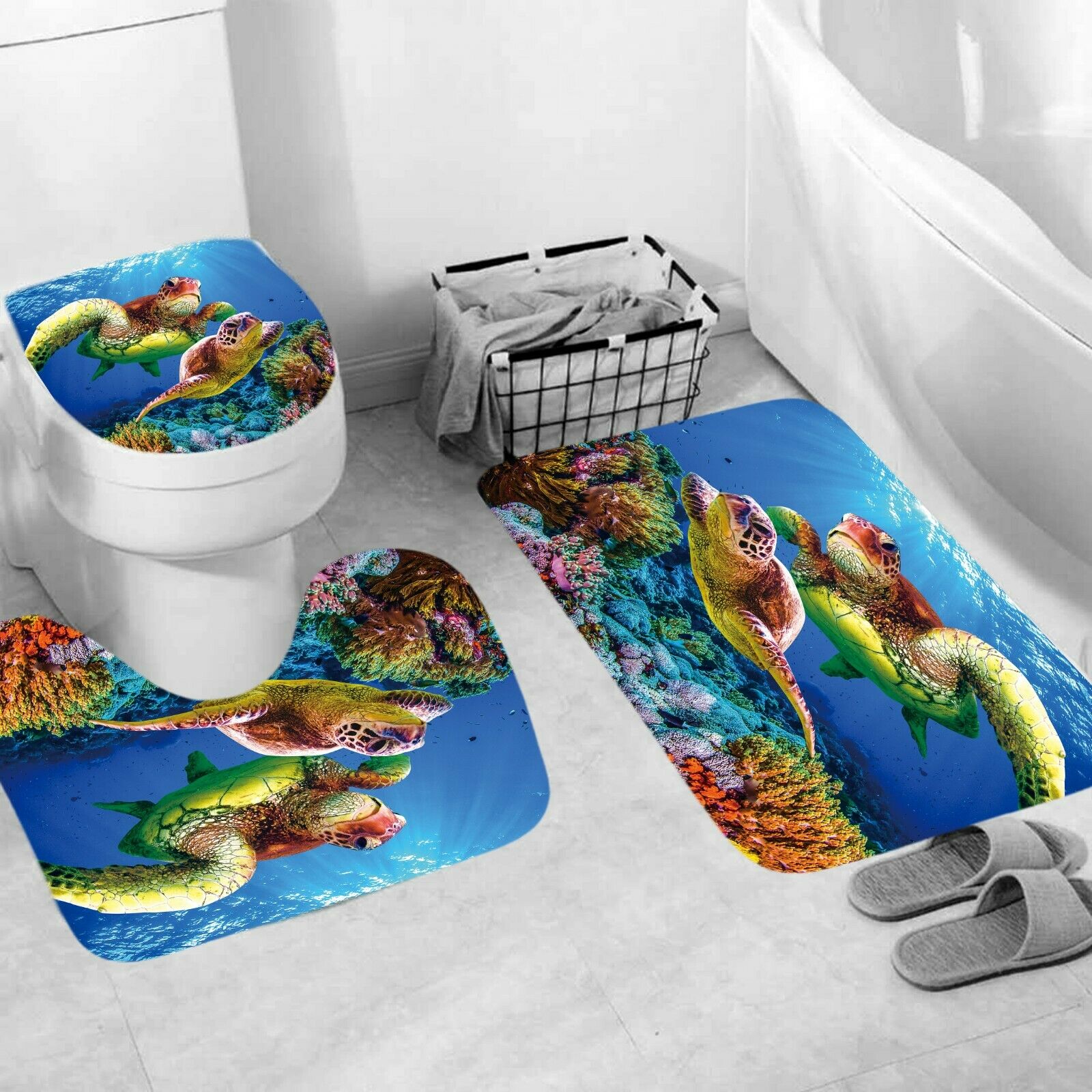 Sea Turtle Shower Curtain Bathroom Rug Set Bath Mat Non-Slip Toilet Lid Cover-3Pcs Mat Set Only-Free Shipping at meselling99