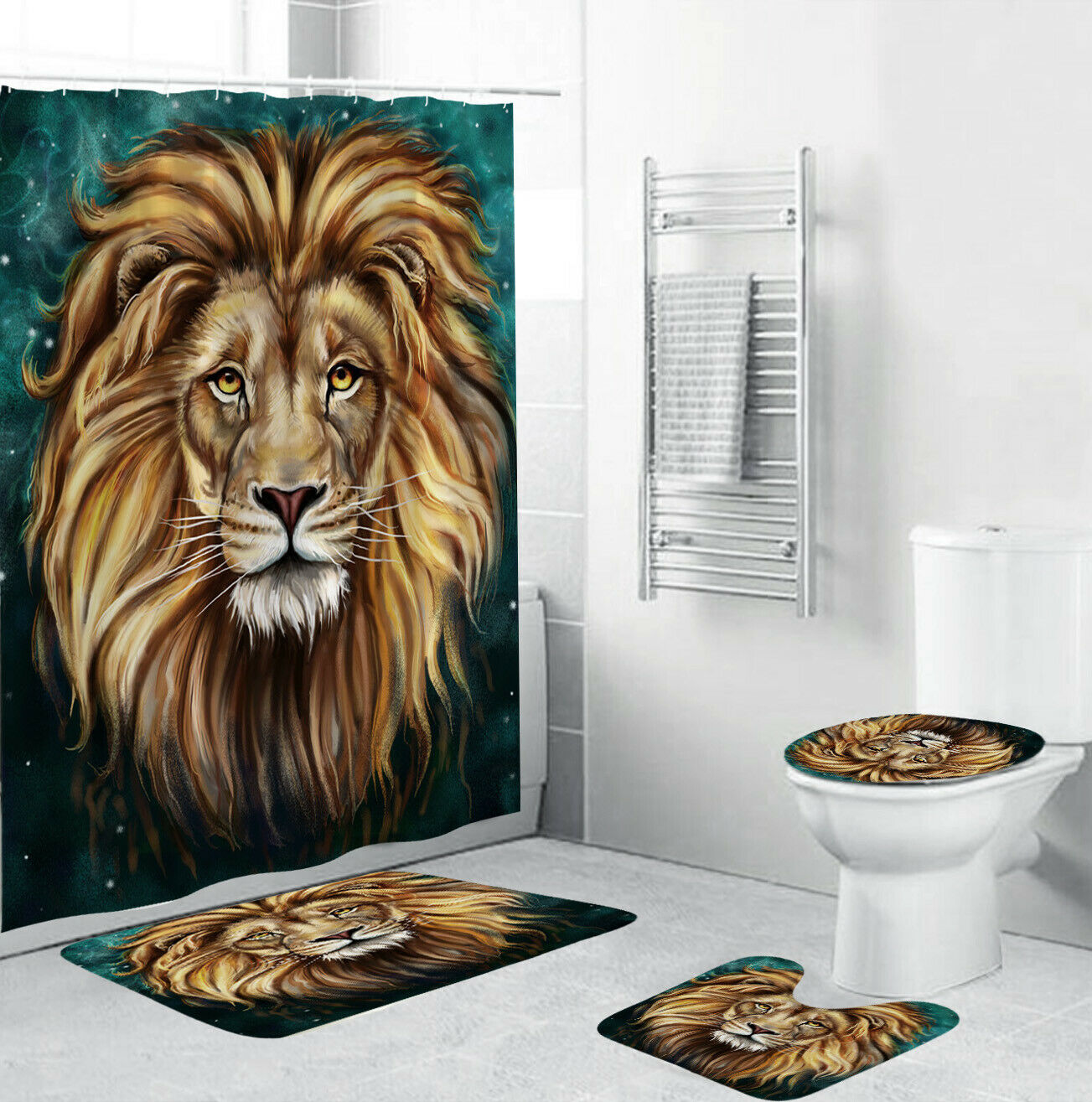 Lion Shower Curtain Bathroom Rug Set Thick Bath Mat Non-Slip Toilet Lid Cover-4Pcs(180*180cm Curtain+3Pcs Mat)-Free Shipping at meselling99
