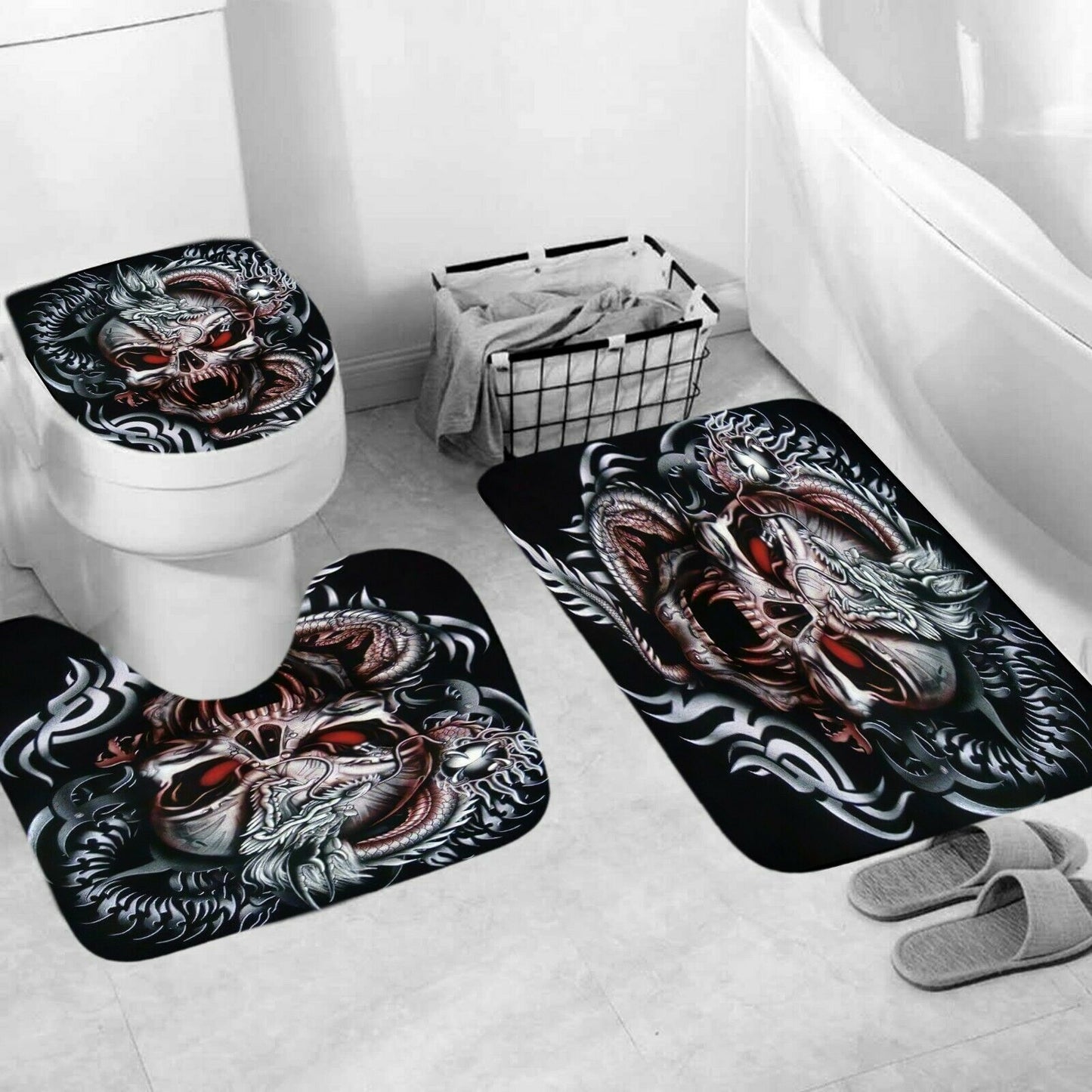 Skull Shower Curtain Set Bathroom Rug Thick Bath Mat Non-Slip Toilet Lid Cover--Free Shipping at meselling99